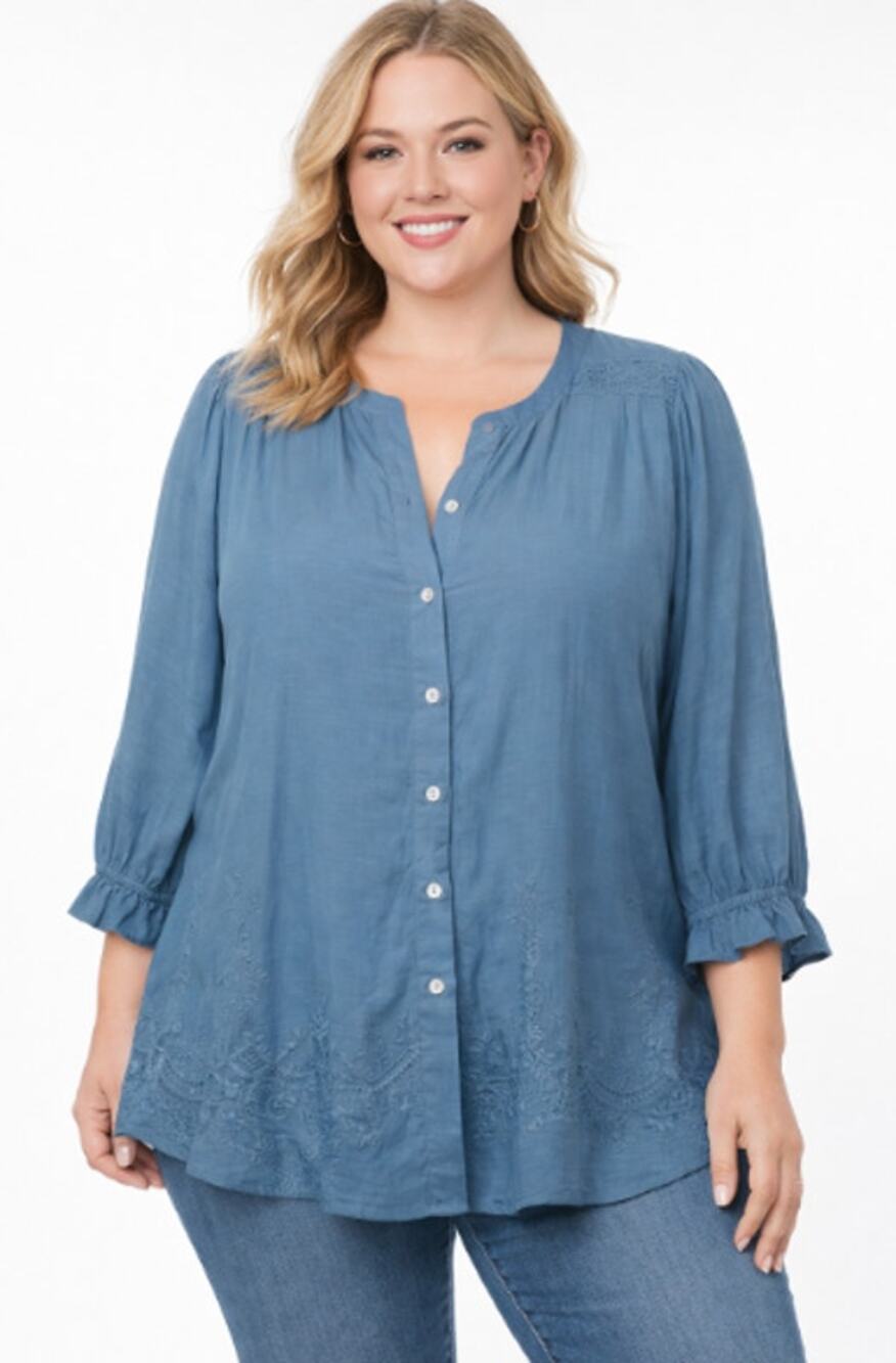 Democracy Blue Embroidered Button-Up Blouse Boho 3/4 sleeve 1X NWT